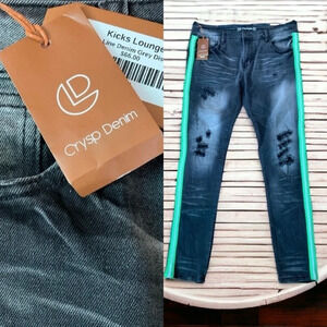 Crysp Denim Grey Distressed Jeans with Lime Green/White Striping Men's Size 36